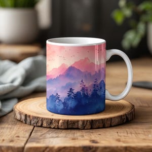 Watercolor Mountain Landscape Ceramic Mug: Nature Coffee Cup