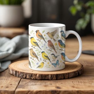 Watercolor Songbird Coffee Mug: Floral Butterfly Garden Art