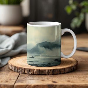 Moody Ocean Mug, Seaside Coffee Cup, Coastal Art Ceramic Mug, Beach Lover Gift, Foggy Shoreline Tea Cup, Nautical Drinkware Decor