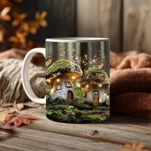 Cottagecore Mushroom Mug, Fairy House Forest Wraparound Mug, Cozy Toadstool Cup, Whimsical Nature Mug, Mushroomcore Coffee Gift