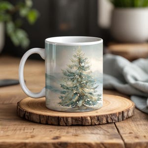 Golden Evergreen Mug - Winter Christmas Coffee Cup, Watercolor Tree Design, Holiday Gift, Serene Mountain Scene, Cozy Morning Mug