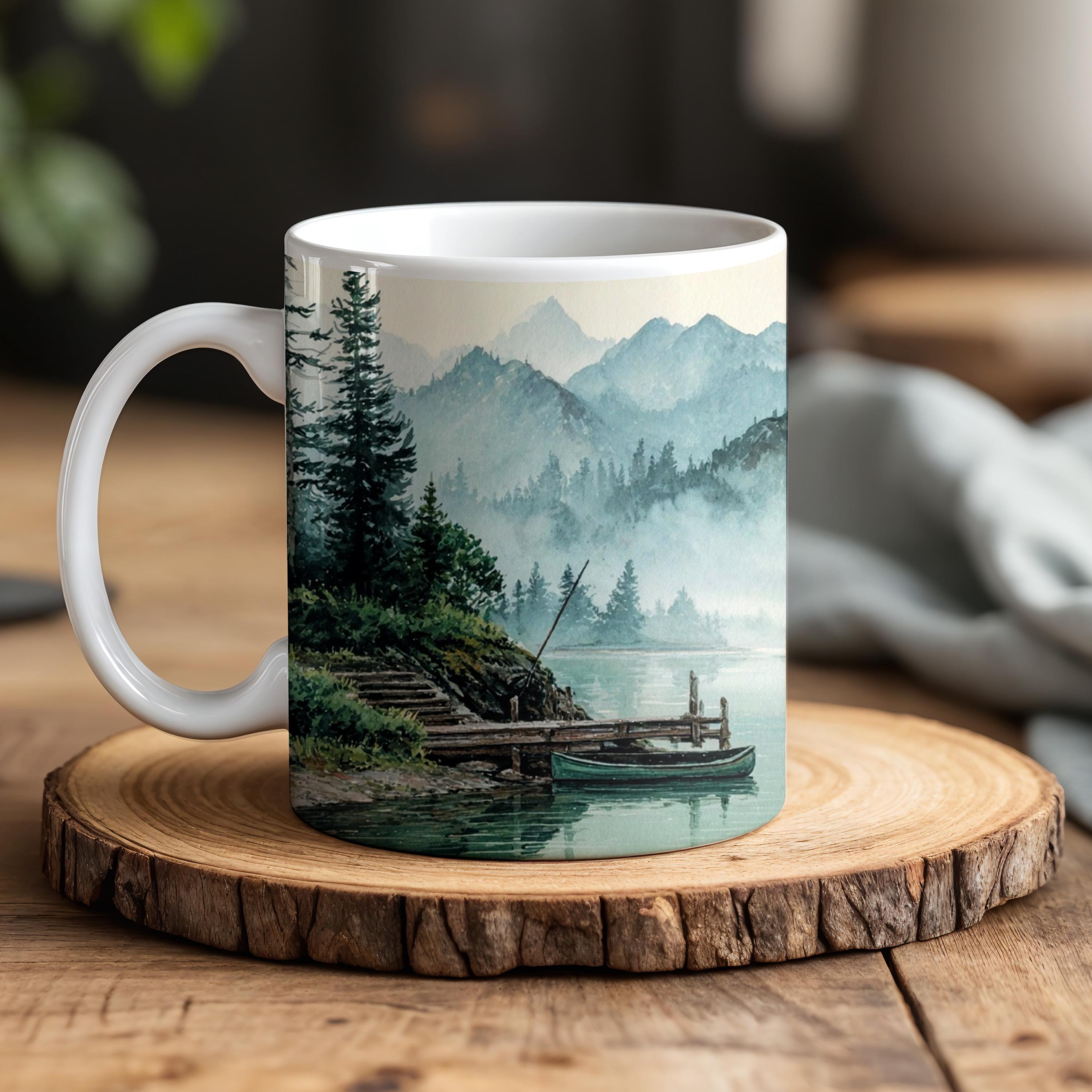 Fishing Cabin Coffee Mug: Misty Lake Canoe Watercolor Print