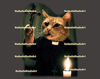 May include: A digital art print featuring a ginger cat dressed as a priest, holding a crucifix and a lit candle. The image has the text "NEW DIGITAL" in the top corner and "NathalieStudioArt" repeated throughout.