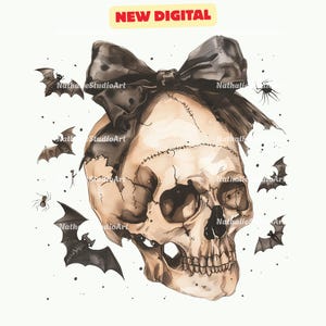 May include: Watercolor illustration of a skull with a black bow, surrounded by bats and spiders. The skull has visible stitches and a distressed appearance. The words "NEW DIGITAL" are in a yellow rectangle.