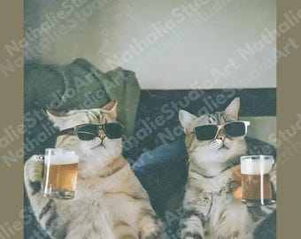 May include: A square print featuring two cats wearing sunglasses and holding mugs of beer. The cats are light brown with dark stripes. The background is a muted green and blue.
