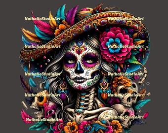De Los Muertos La Catrina Day of The Dead Sugar Skull PNG, Watercolor Day of the Dead Clipart, Sugar Skull, Mexican Ghost PNG, Catrina Doll