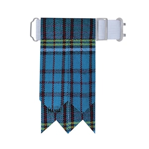 May include: A blue, red, and yellow tartan kilt pin with a white strap and silver buckle. The kilt pin has three points at the bottom.