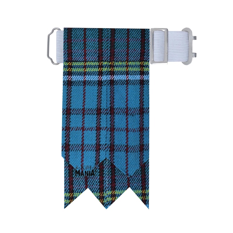 May include: A blue, red, and yellow tartan kilt pin with a white strap and silver buckle. The kilt pin has three points at the bottom.
