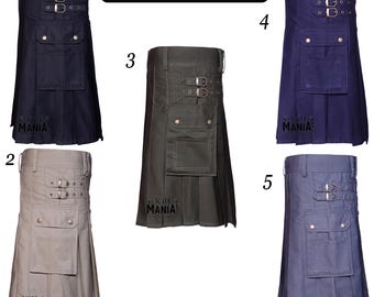 May include: Five different utility kilts in various colors, including navy blue, khaki, dark green, light blue, and gray. Each kilt has a large cargo pocket on the front and a pleated design. The kilts are labeled with numbers 1 through 5.