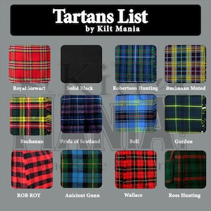 May include: A grid of tartan patterns, including Royal Stewart, Solid Black, Robertson Hunting, Buchanan Muted, Buchanan, Pride of Scotland, Bell, Gordon, ROB ROY, Anicient Gunn, Wallace, and Ross Hunting. The text "Tartans List by Kilt Mania" is at the top.