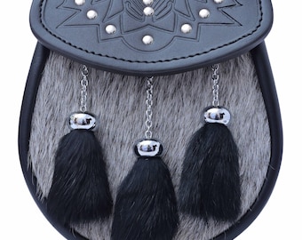 Scottish Thistle Semi-Dress Sporran - Gray Bovine with Black Tassels Leather Spoorrans - Traditional Highland Kilt Accessory For Men