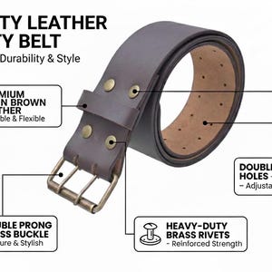 May include: A brown leather utility belt with a double-prong brass buckle and heavy-duty brass rivets. The belt features double-row holes for adjustability and is crafted for durability and style. The text on the image says "Quality Leather Utility Belt".
