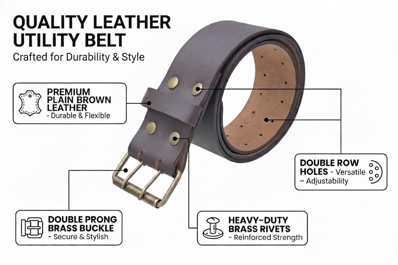 May include: A brown leather utility belt with a double-prong brass buckle and heavy-duty brass rivets. The belt features double-row holes for adjustability and is crafted for durability and style. The text on the image says "Quality Leather Utility Belt".