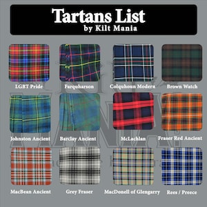 May include: A grid of tartan patterns, each labeled with a name. The top text reads "Tartans List by Kilt Mania." Tartan examples include LGBT Pride, Farquharson, Colquhoun Modern, Brown Watch, Johnston Ancient, Barclay Ancient, McLachlan, and Fraser Red Ancient.