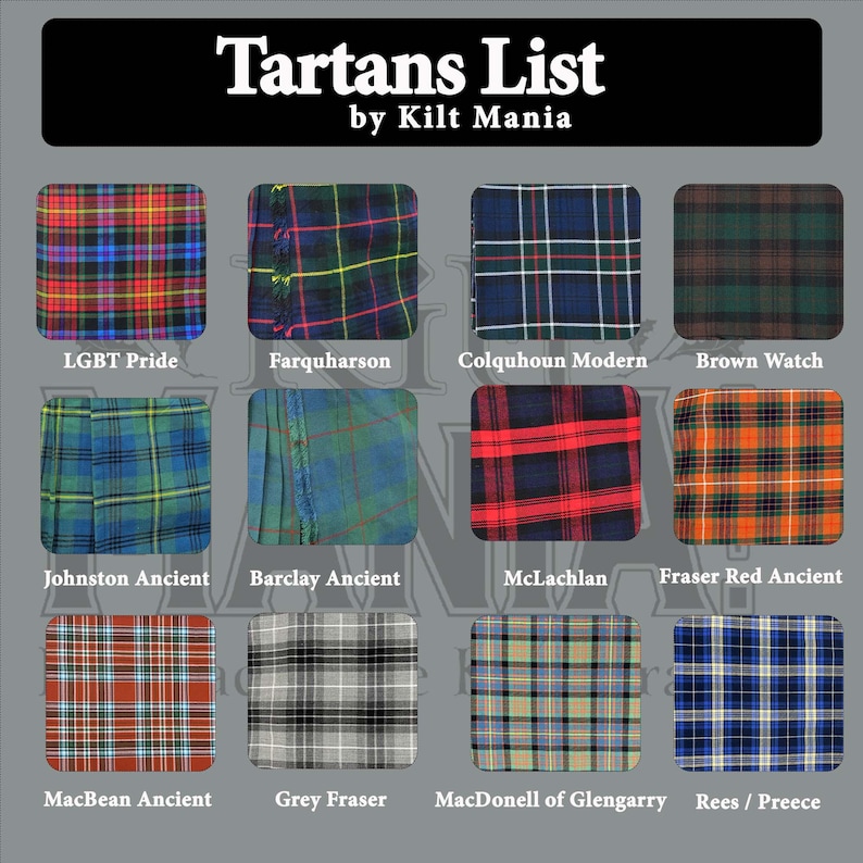 May include: A grid of tartan patterns, each labeled with a name. The top text reads "Tartans List by Kilt Mania." Tartan examples include LGBT Pride, Farquharson, Colquhoun Modern, Brown Watch, Johnston Ancient, Barclay Ancient, McLachlan, and Fraser Red Ancient.