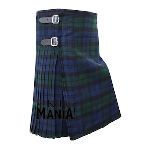 May include: A blue and green tartan kilt with black leather straps and buckles. The kilt is pleated and has a side opening. The kilt is made of a woven fabric and has a fringed edge.