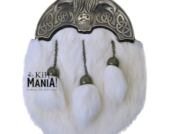 Szkocka sukienka Kilt Sporran dla mężczyzn - Highland Coo Kilt Sporran z antycznym wykończeniem Cantle - Autentyczne białe futro Sporran - Pasek z łańcuszkiem