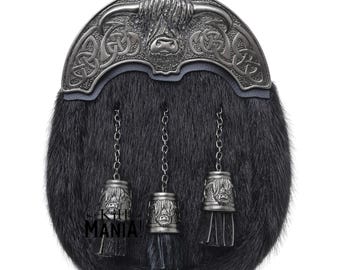 Highland Cow Kilt Sporran - Premium Leather Authentic Black Fur Antique Cantle Coo Tassels - Scottish Dress Sporrans - Wedding Accessory