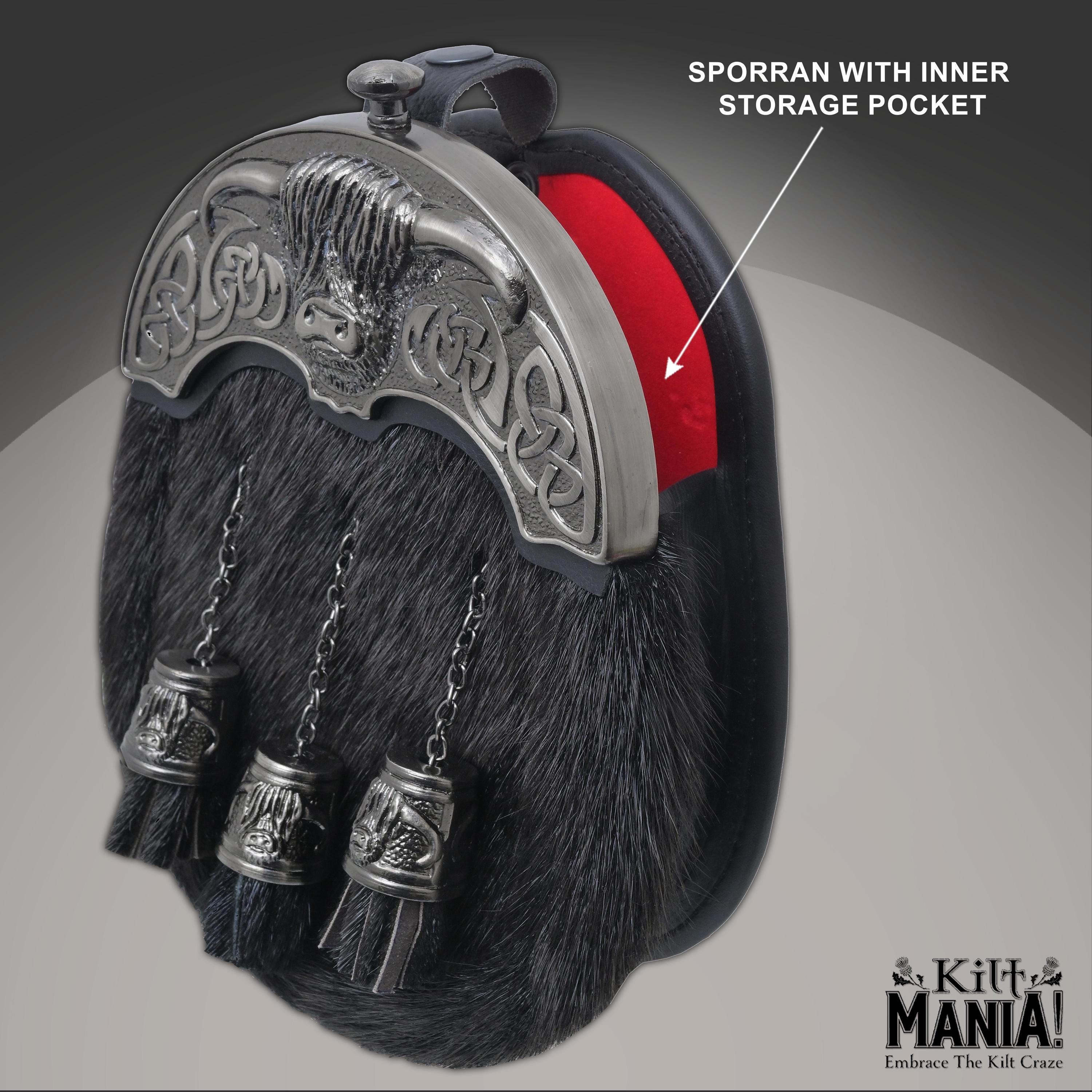 Sporran Scozzese Giorno In Pelle Nera Con Distintivo Mucca Delle Highlands - I LUV LTD, Made In UK