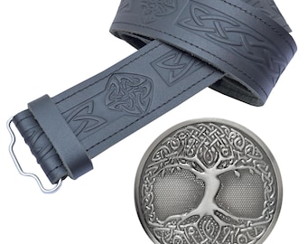 Celtic Tree of Life Kilt Belt & Buckle Set - Scottish Black Leather Kilt Belt For Men - 2.25 Inches Adjustable Wide Belts
