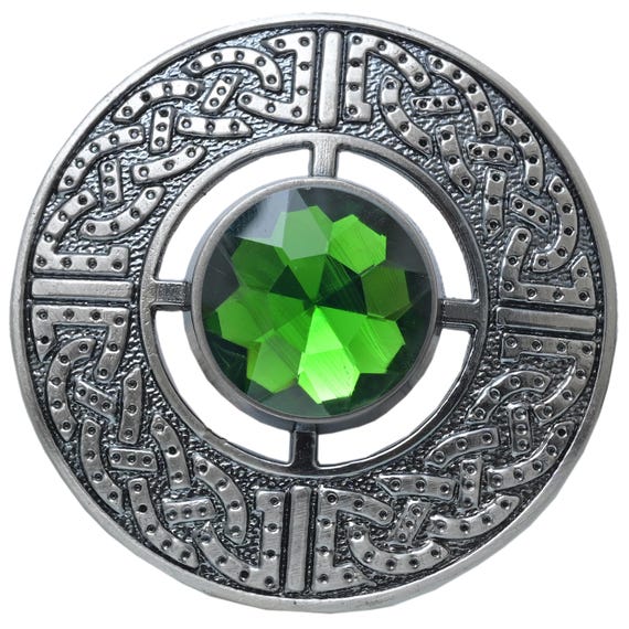 Scottish Kilt Fly Plaid Brooch – Celtic Knot Pattern with Sparkling Stone, Handcrafted Tartan Sash Pin, Highland Dress Jewelry for Women