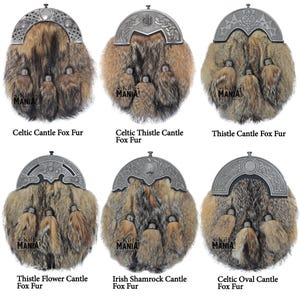May include: Six different styles of kilt sporrans with fox fur. The sporrans are made of leather and have a variety of metal embellishments. The sporrans are all brown and black.