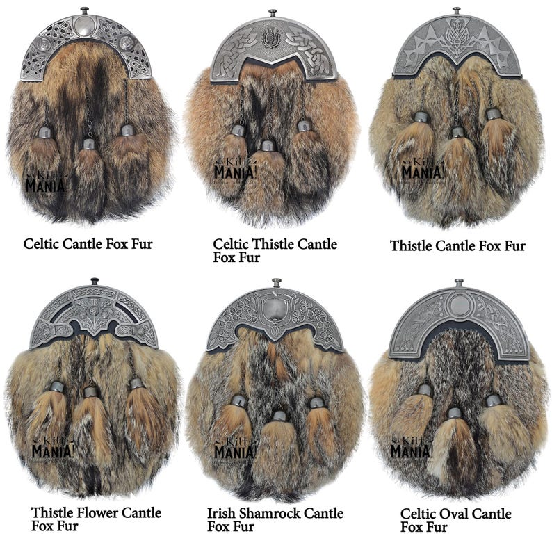 May include: Six different styles of kilt sporrans with fox fur. The sporrans are made of leather and have a variety of metal embellishments. The sporrans are all brown and black.