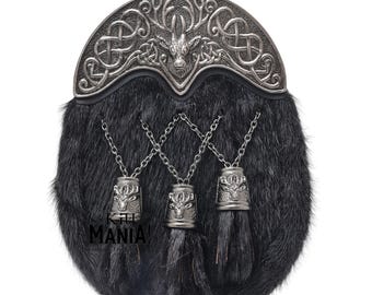 Stag Head Kilt Sporran For Men - Premium Leather Authentic Black Fur Antique Cantle Deer Tassels - Scottish Dress Sporrans - Chain Belt