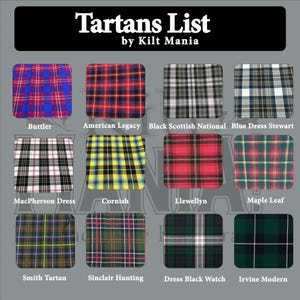 May include: A grid of tartan patterns with names like "Buttler" and "American Legacy" is displayed. The text "Tartans List by Kilt Mania" is at the top. The patterns feature various colors, including red, blue, green, and black, in a plaid design.