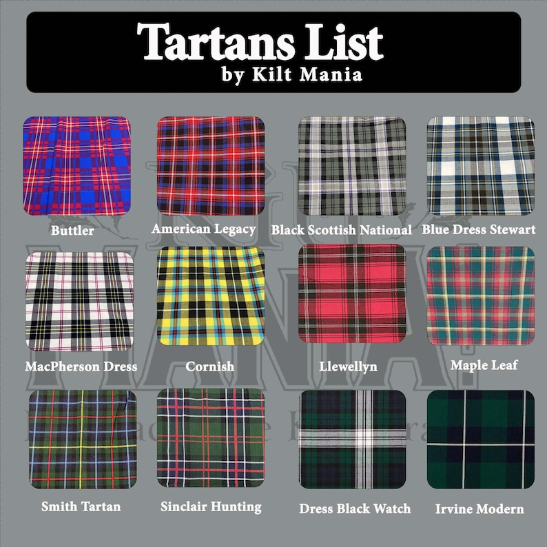 May include: A grid of tartan patterns with names like "Buttler" and "American Legacy" is displayed. The text "Tartans List by Kilt Mania" is at the top. The patterns feature various colors, including red, blue, green, and black, in a plaid design.