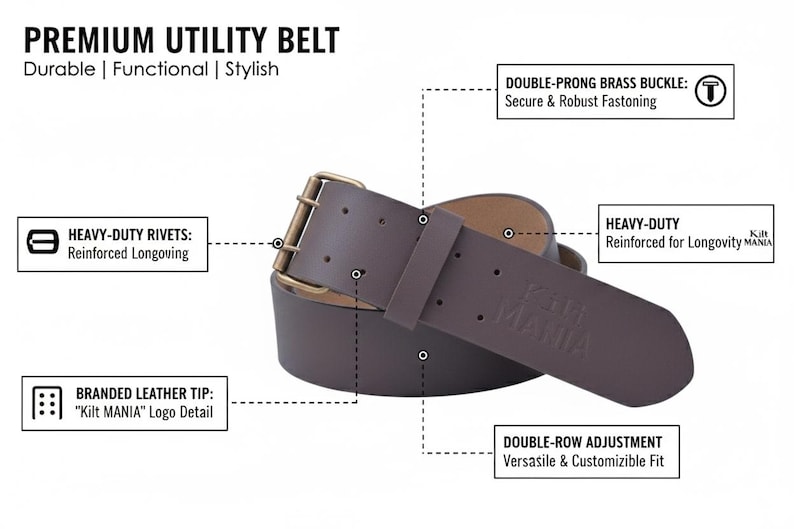 May include: A brown leather utility belt with a double-prong brass buckle and heavy-duty rivets. The belt features a double-row adjustment for a customizable fit. The branded leather tip displays the "Kilt MANIA" logo. The text on the image reads "Premium Utility Belt".