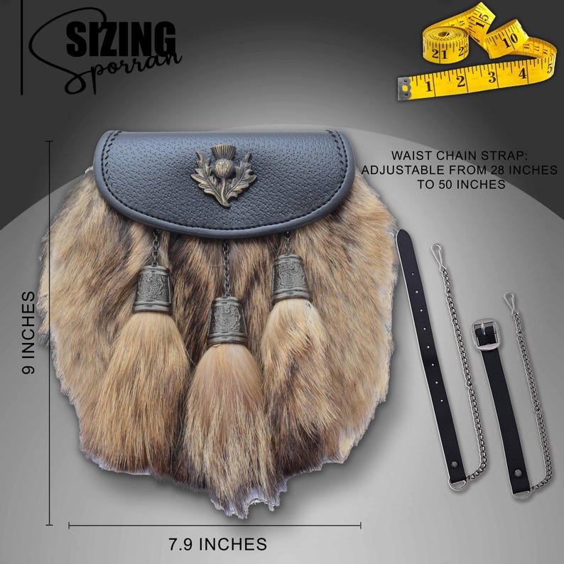 Puede incluir: Un sporran, un bolso tradicional escoc&eacute;s, con una parte superior de cuero negro y un cuerpo de piel. El sporran mide 22,86 cm de alto y 20,07 cm de ancho. Tiene tres borlas decorativas y una correa de cadena ajustable de 71,12 cm a 127 cm.