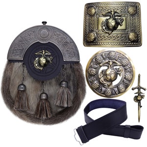 May include: A kilt outfit with a brown fur sporran, a black leather belt, a gold-tone belt buckle with a US Marine Corps emblem, a gold-tone kilt pin with a US Marine Corps emblem, and a gold-tone kilt pin with a sword and US Marine Corps emblem.