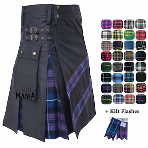 Utility Kilts for Men - Traditional Scottish Modern Hybrid Utility Kilt - Black Cotton Kilt Adjustable Strap, Mens Kilt - 80+ Tartan Choices