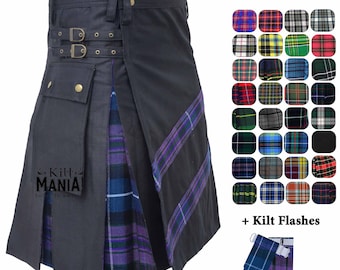 Utility Kilts for Men - Traditional Scottish Modern Hybrid Utility Kilt - Black Cotton Kilt Adjustable Strap, Mens Kilt - 80+ Tartan Choices