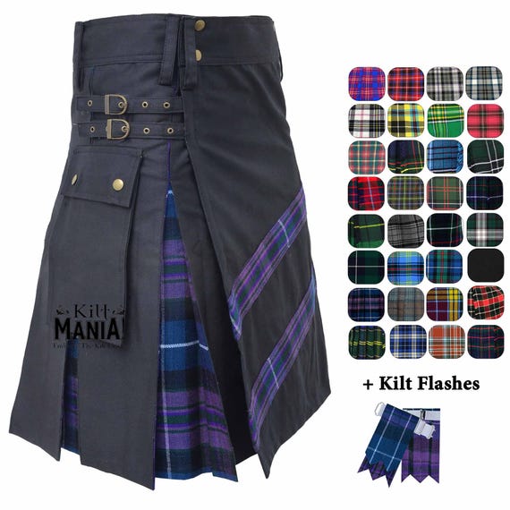Utility Kilts for Men - Traditional Scottish Modern Hybrid Utility Kilt - Black Cotton Kilt Adjustable Strap, Mens Kilt - 80+ Tartan Choices