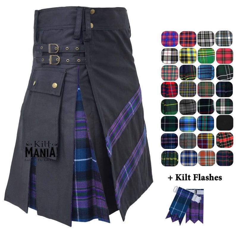 May include: A black kilt with a purple and blue plaid pattern on the front and a diagonal purple stripe. The kilt has a pocket, buckle details, and a selection of plaid patterns.