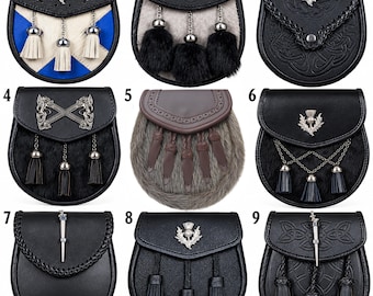 Puede incluir: Una colección de nueve sporrans con diversos diseños, incluyendo cuero negro, detalles de piel, emblemas de cardo en metal plateado, bordes trenzados y borlas colgantes. Cada artículo está numerado del uno al nueve, mostrando patrones.