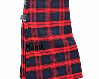 May include: A red and black tartan kilt with a fringed bottom and two leather straps with buckles. The kilt is made of a woven fabric and has a traditional Scottish design.