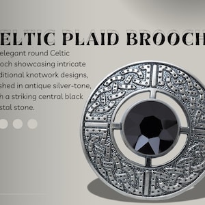 Puede incluir: Broche celta redonda de tono plateado antiguo con intrincados dise&ntilde;os de nudos y una llamativa piedra de cristal negra central. Un accesorio decorativo.