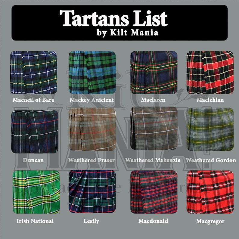 May include: A grid of twelve tartan patterns, each with a unique plaid design. The image includes the text "Tartans List by Kilt Mania" at the top. Each tartan is labeled with a name, such as "Macneil of Bara" and "Macgregor."