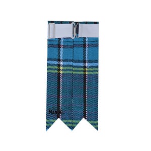 May include: A blue, green, yellow, and white plaid kilt pin with a white elastic strap and a silver buckle. The kilt pin has a three-pointed design at the bottom.