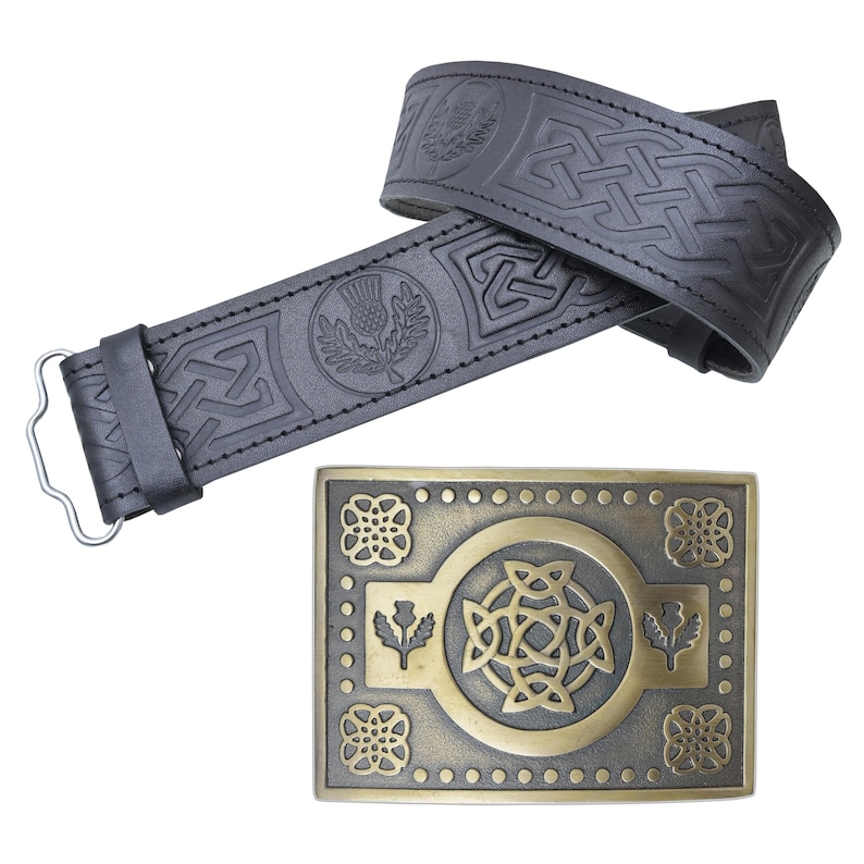 May include: Black leather belt with embossed Celtic knot and thistle designs. The belt has a silver-colored buckle. A rectangular brass-colored buckle with a Celtic knot design is also included.