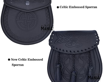 Premium Leather Kilt Sporran Semi Dress Black Leather Celtic Embossed Kilt Sporran - Scottish Day Kilt Sporrans- Wedding Gift - Chain Belt