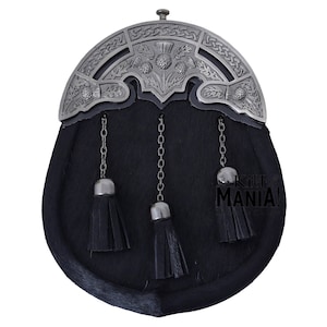 Scottish Thistle Kilt Sporran Full Dress Kilt Sporrans Antique Cantle Black Sporran - Black Cowhide Leather Bag -Chain Belt