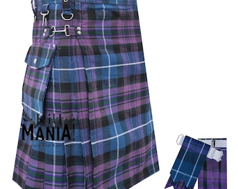 Scottish Tartan Utility Cargo Pockets Kilts for Men - 8 yard 16oz Acrylic Wool Fabric - Modern Highland Kilt Skirts - Kilt Flashes