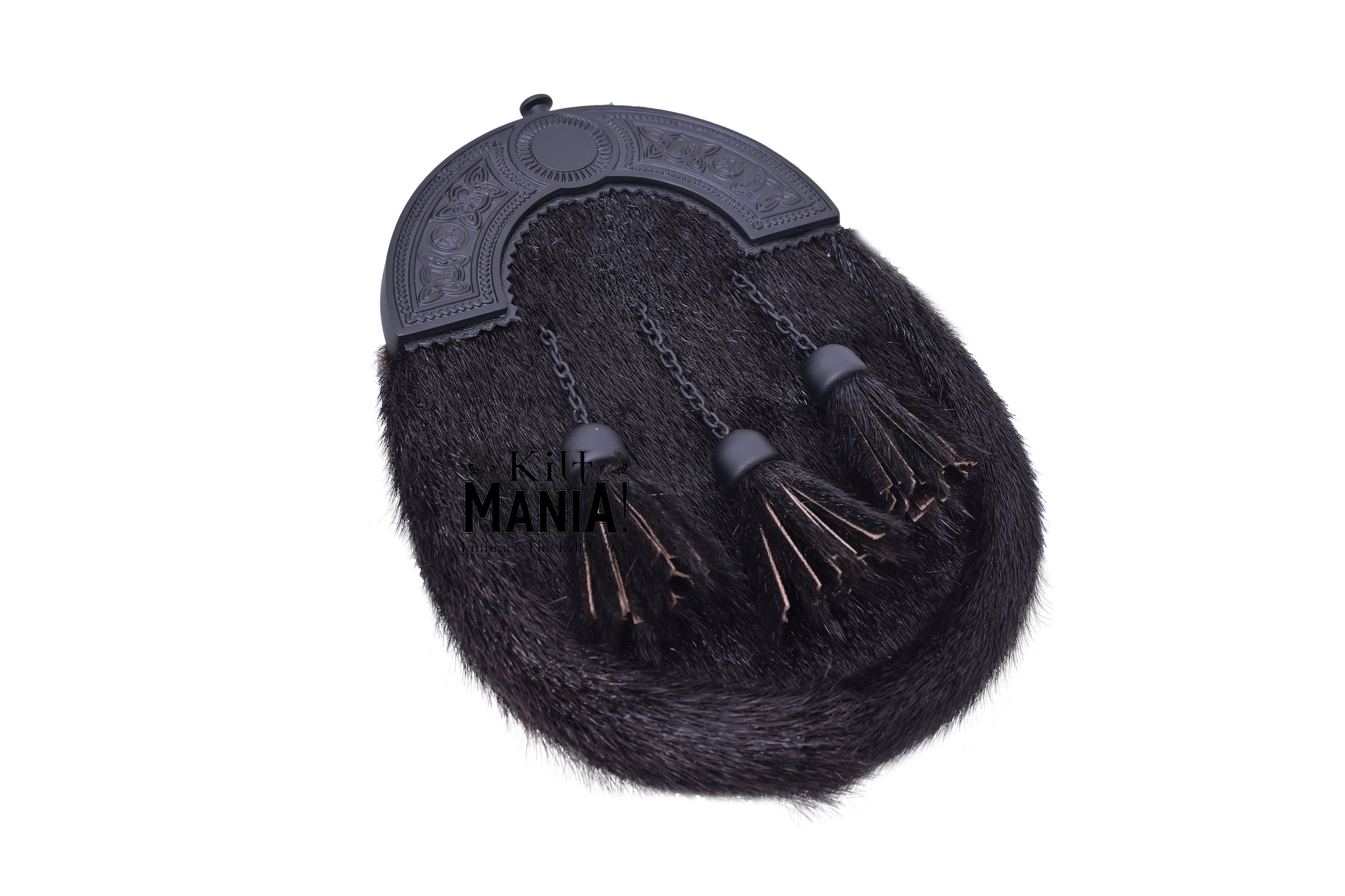 Schotse jurk Kilt Sporran Keltische Cantle Gitzwarte afwerking - zwarte rundleer Sporrans handgemaakte tas - Highland Black Kilt Sporran - België