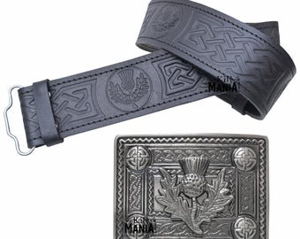 Scottish Leather Kilt Belt & Buckle Set -  Celtic Knot Thistle Crest Belt Buckles For Men - Highland Belts Buckles For Wedding Attire