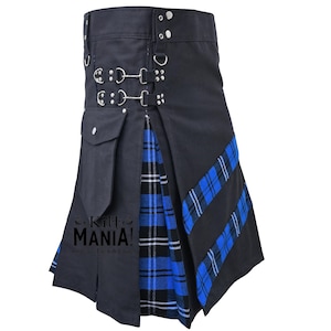 May include: A black utility kilt with a blue and white plaid panel and black straps with silver buckles. The kilt has a large cargo pocket on the front.