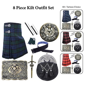 May include: An 8-piece kilt outfit set with a choice of 60+ tartans. The set includes a kilt, a sporran, a kilt pin, a belt, a sgian dubh, a fly plaid, a kilt hose, and a set of ghillie brogues. The kilt is available in a variety of tartans, including blue, red, and green.
